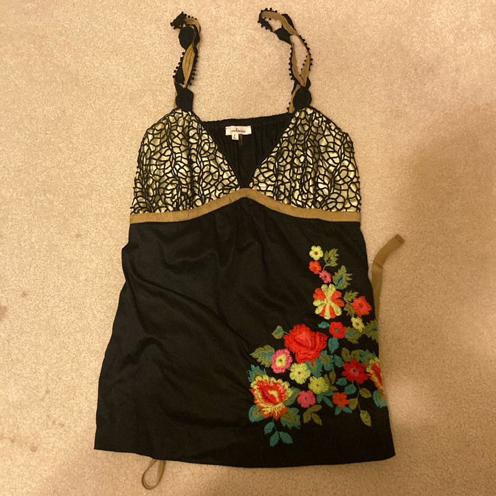Embroidered floral black top